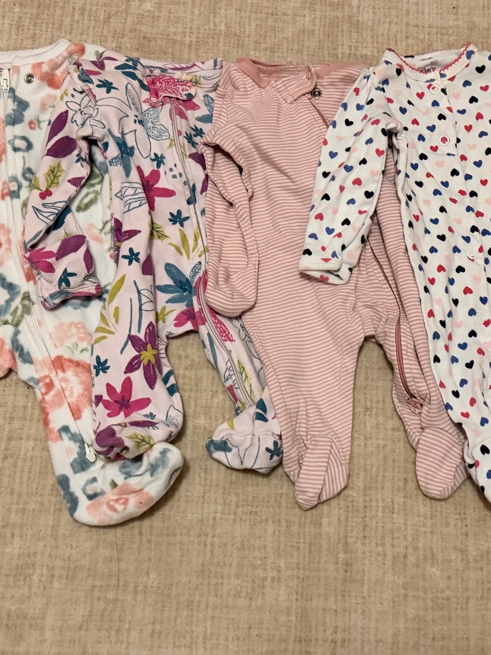 Carter's Pink Floral, Striped & Heart Print Footed One-Pieces - 3-Pack